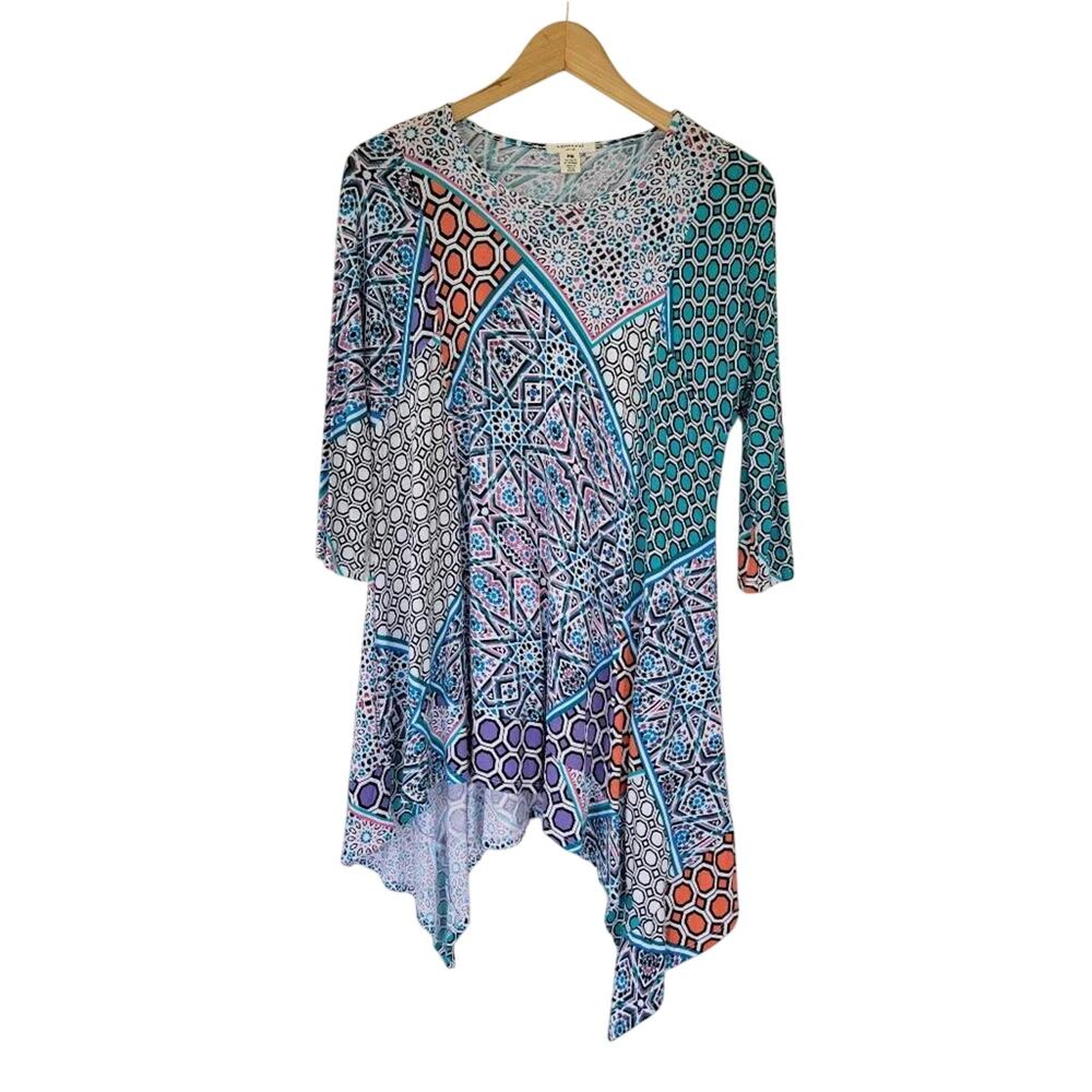 Westbound Asymmetrical Hem Tunic Blouse Womens Petite Medium Multicolor